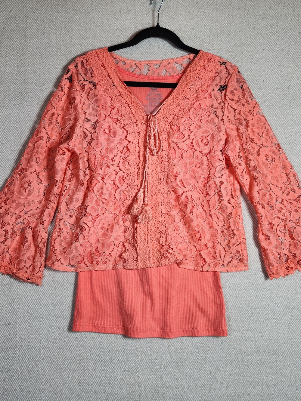 Lace Shorts Set Womens M Bell Sleeve Lace Top And Tank Under Coral - Picture 13 of 13